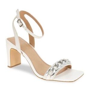 BCBGeneration Sandals Women White Ankle Strap Sz#8.5 Silver Chains Square Heel